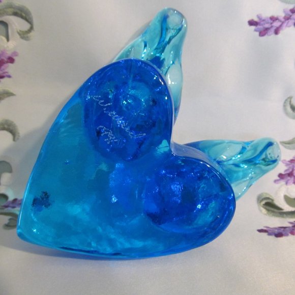 Vtg Blue Glass Double Bluebird of Happiness Bluebirds on Heart Leo Ward 1991 - Picture 14 of 16